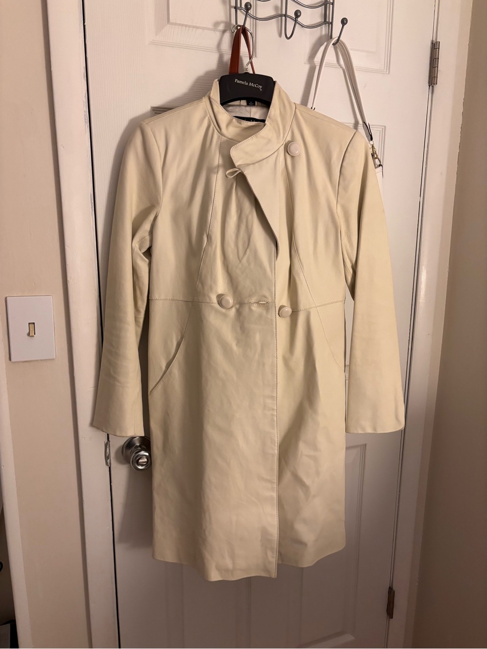 Pamela McCoy Cream Double-Breasted Leather Coat